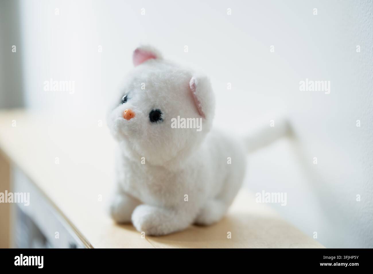 Ein plüschiges Katzenspielzeug mit genähten Gesichtszügen und aufrecht stehenden Ohren steht auf einem Holzregal und veranschaulicht weiche Tierspielzeuge, die in der Kinderzimmereinrichtung und Kinderplätzen verwendet werden Stockfoto