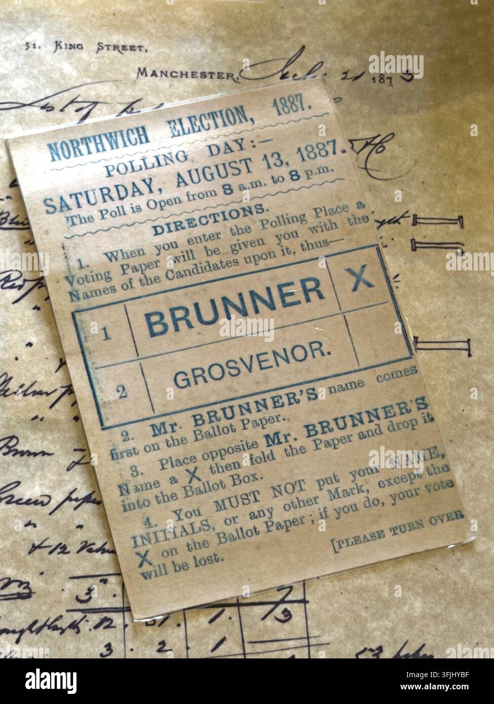 Historisches Wahlmaterial von Brunner im Zusammenhang mit Northwich, das als Teil einer lokalen Museumssammlung ausgestellt ist. Stockfoto