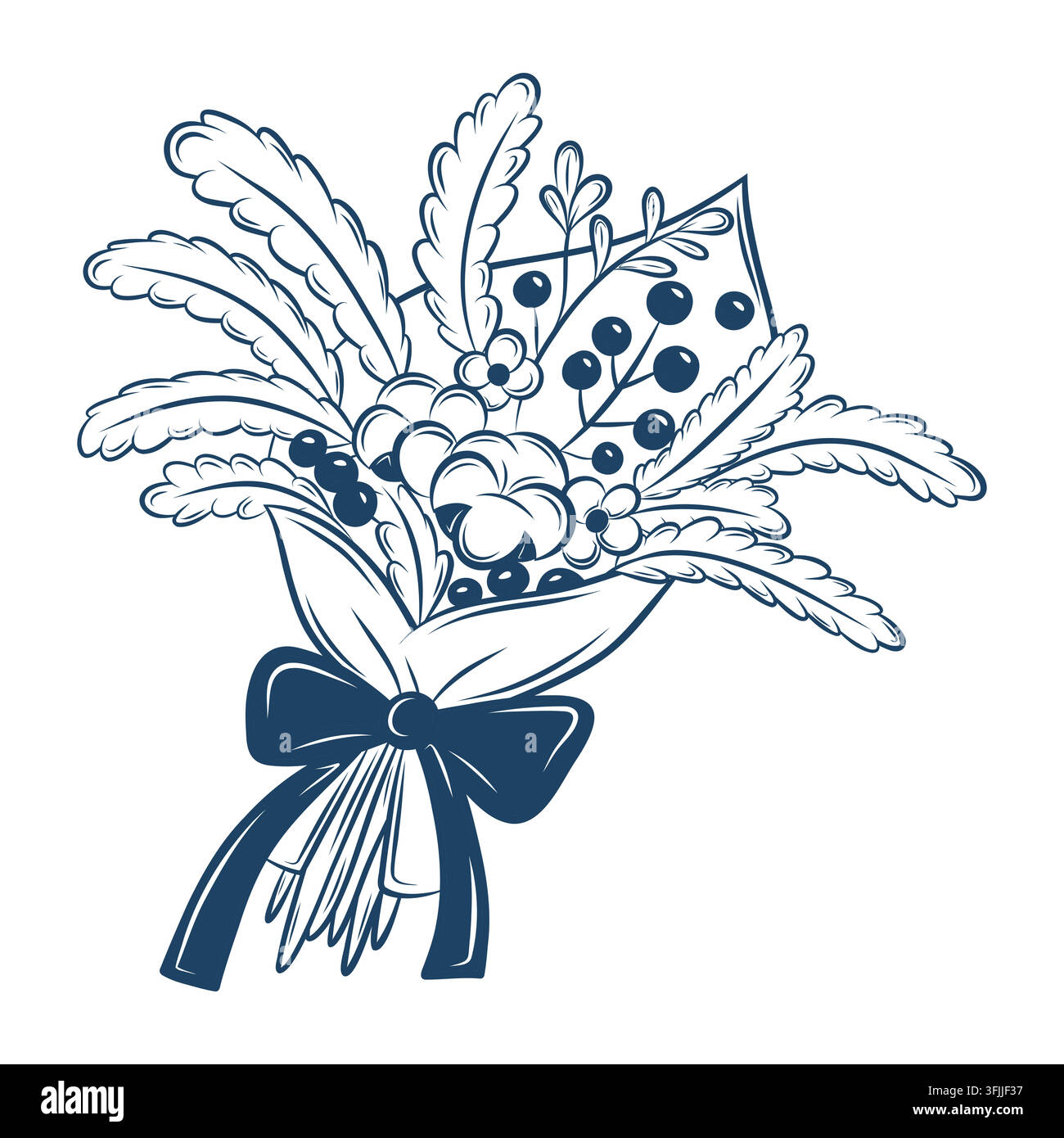 Vektorillustration eines botanischen Winterbouquets mit Beeren und Schleife in dunkelblauer Linienkunst Stock Vektor