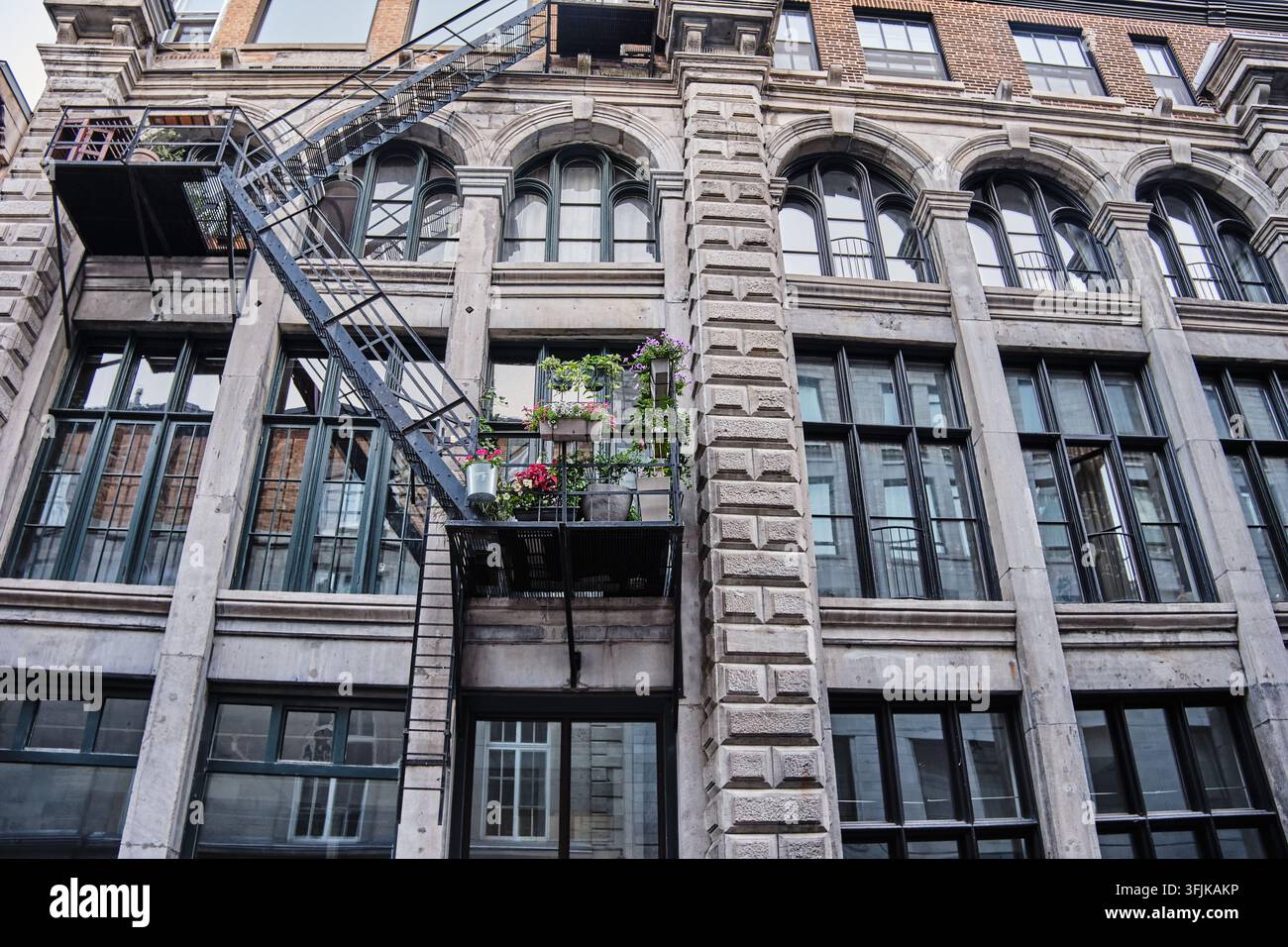 Historische Fassade von Montréal mit Blumen, Rue Le Moyne Stockfoto