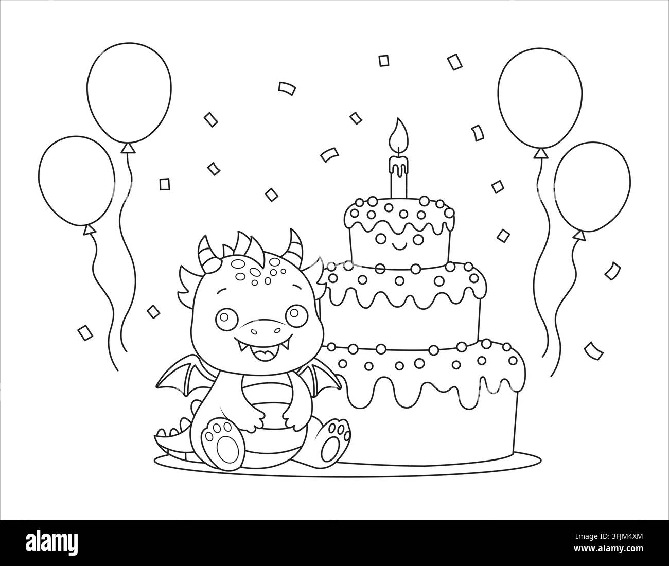Süßer Baby-Drache feiert Geburtstag mit großem Kuchen Umriss Malvorlage für Kinder Vektor Stock Vektor