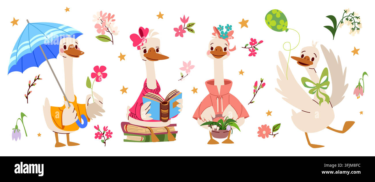 Fröhlicher Frühlingsgans-Charakter auf Weiß. Vektor-Cartoon-Illustration von niedlichen Gänsen in Mantel und gestricktem Pullover, lesen ein Buch, halten einen Regenschirm, Korb mit Sommerblumen, verspielte Kindergarten-Designs Stock Vektor