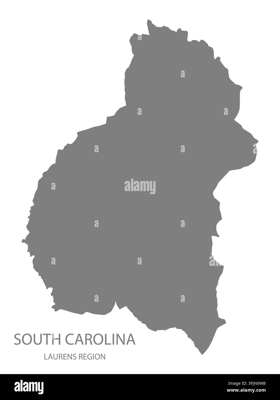 Moderne flache Vektorkarte der Region Laurens, South Carolina, Vereinigte Staaten. Detaillierte Regionsgrenzsilhouette in Grau auf weißem Hintergrund. Stock Vektor