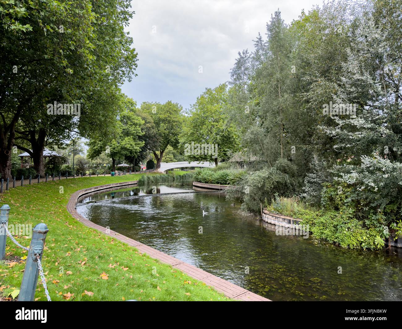 Malerischer Blick auf einen gewundenen Fluss, der von üppig grünen Bäumen gesäumt ist und einer weißen Fußgängerbrücke in Stafford, England, UK Stockfoto