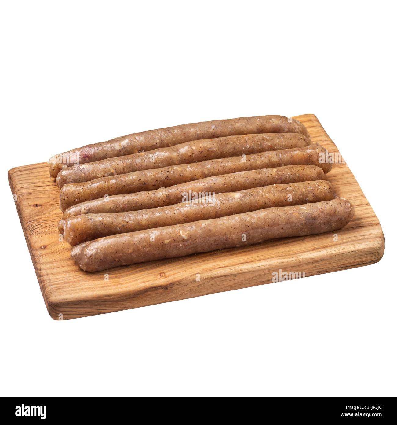 Rohe Hühnerwurst auf Holzbrett Stockfoto