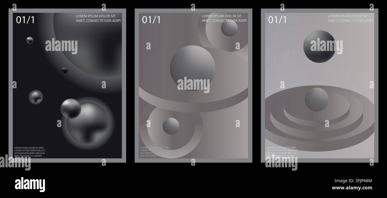 Eine Sammlung von drei modernen abstrakten Postern mit 3D-Kugeln und kreisförmigen geometrischen Elementen in einer raffinierten Graustufen-Farbpalette. Stock Vektor