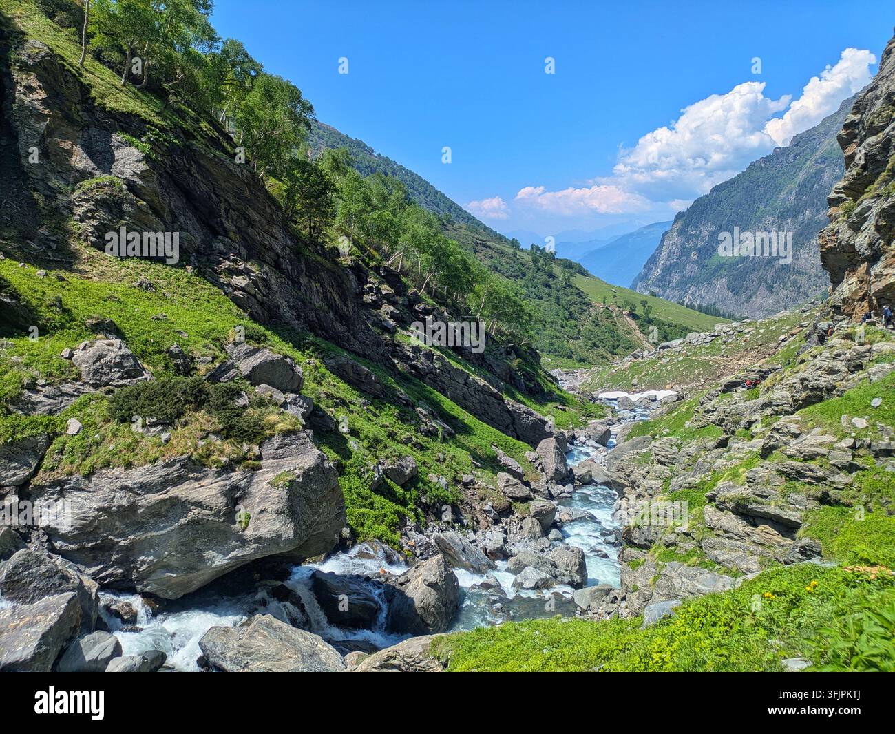 Atemberaubende Aussichten auf einen rauschenden Gebirgsbach, der sich durch ein steiles grünes Tal auf dem Hampta-Pass-Treck in Indien schlängelt - Smartphone-aufgenommenes Stockfoto