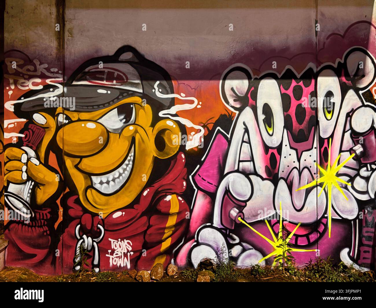 Farbenfrohes Graffiti-Mural im Taman Sriwedari Park in Surakarta (Solo), Zentral-Java, Indonesien, am 22. April 2026. Stockfoto