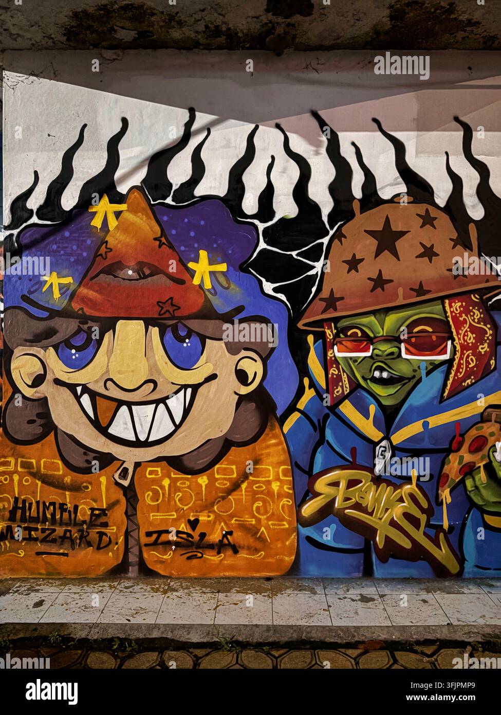 Farbenfrohes Graffiti-Mural im Taman Sriwedari Park in Surakarta (Solo), Zentral-Java, Indonesien, am 22. April 2026. Stockfoto