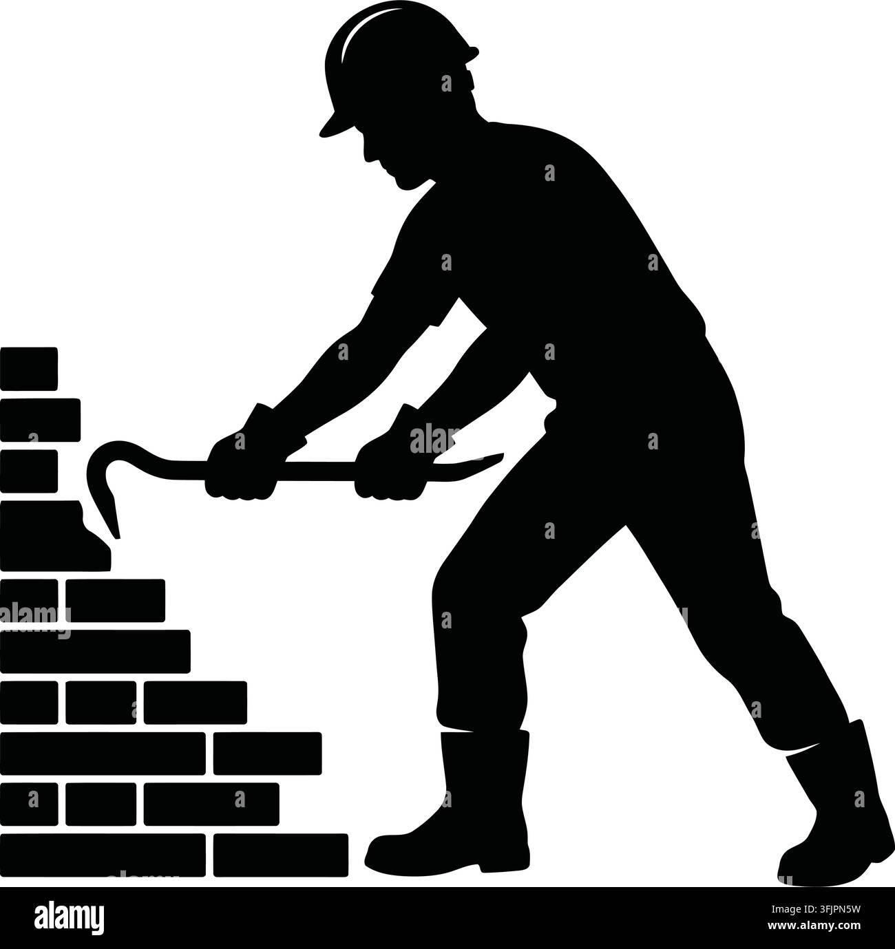 Maurer, der mit einer Ziegelmauer arbeitet, schwarze Silhouette auf weißem Hintergrund Stock Vektor