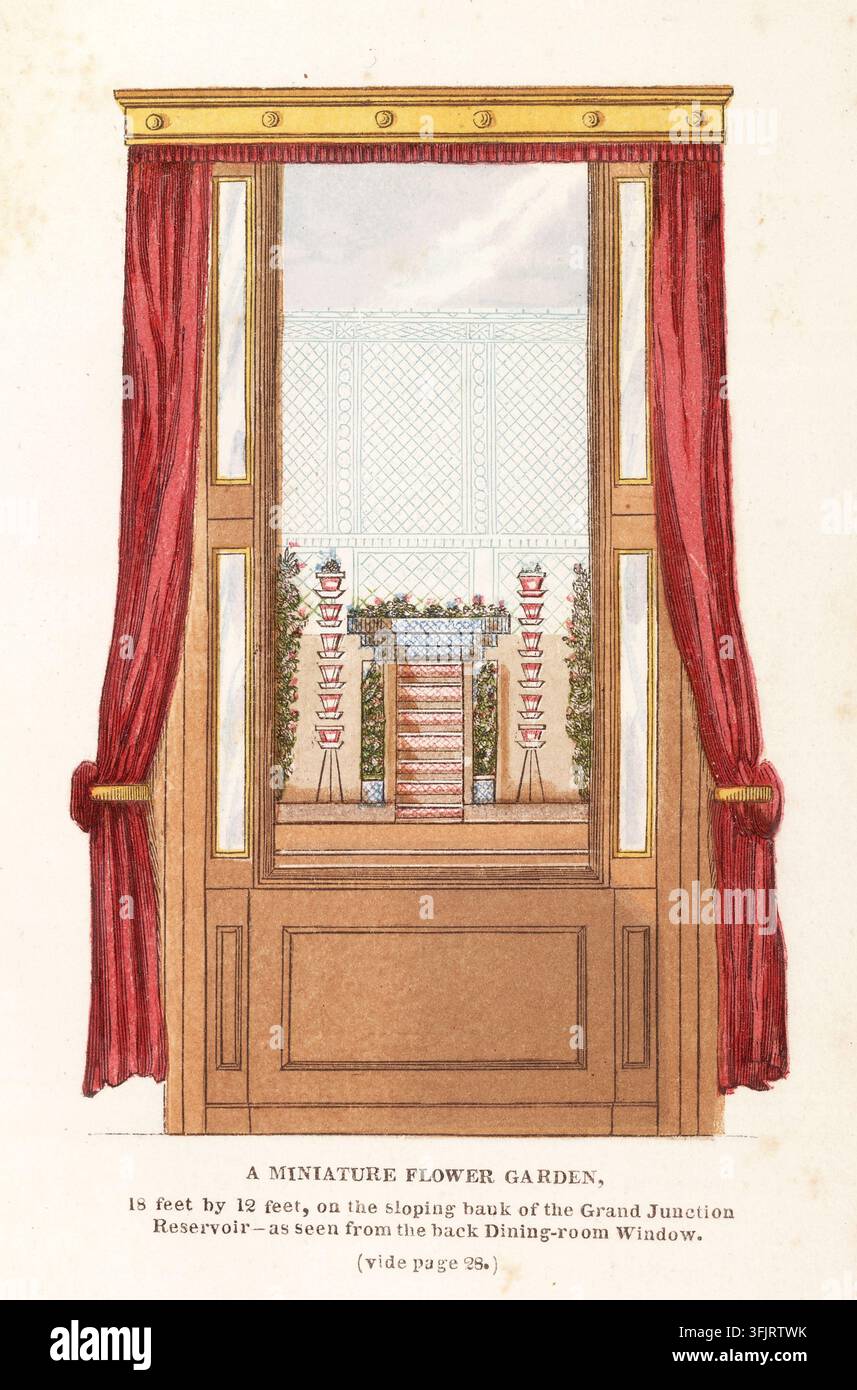 Buchzeichen-Illustration, die einen MINATURENBLUMENGARTEN von 18 Fuß mal 12 Fuß an der abschüssigen Uferböschung des Grand Junction Reservoir zeigt, aus The floral calendar, monatliche und tägliche Sammlung, datiert 1839. Eine gemalte Szene, die ein holzgerahmtes Fenster mit tiefroten Vorhängen zeigt, die zurückgebunden sind, um einen kleinen Ziergarten dahinter zu enthüllen, mit einer zentralen erhöhten Struktur, flankiert von symmetrischen Pflanzgefäßen und Grünpflanzen, in Farben wie Rot, Braun, Gold, Grün, Blau und Hellgrau. Stockfoto