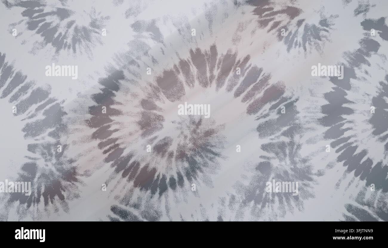 Ein stilvolles monochromes Tie-Dye-Design mit dunkelgrauen und silbernen Spiralen auf einem sauberen weiß strukturierten Hintergrund. Stockfoto