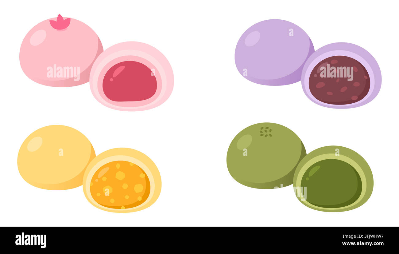 Japanische Mochi-Dessertkollektion mit Pfirsich-Roten-Bohnen-Paste, Mango- und Matcha-Geschmacksrichtungen Stock Vektor