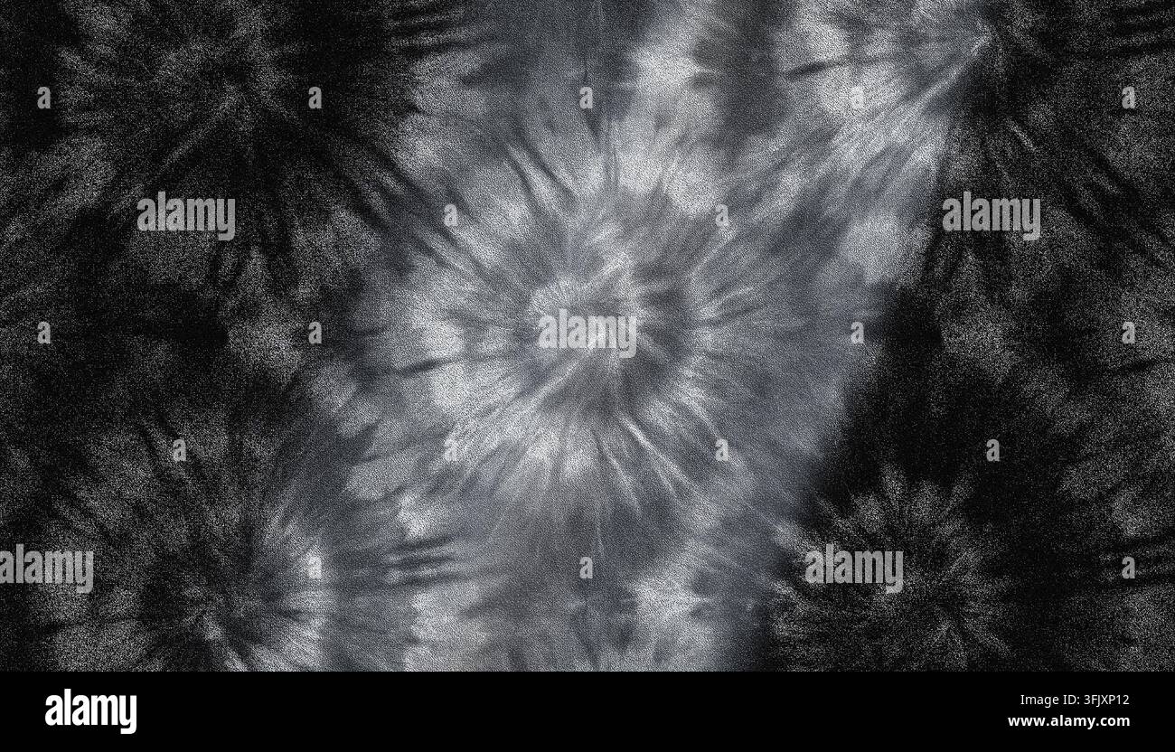 Monochromes schwarz-weißes Batik-Abstraktmuster mit auffälligen Sternblitz-Designs und texturierten gesprenkelten Effekten. Stockfoto