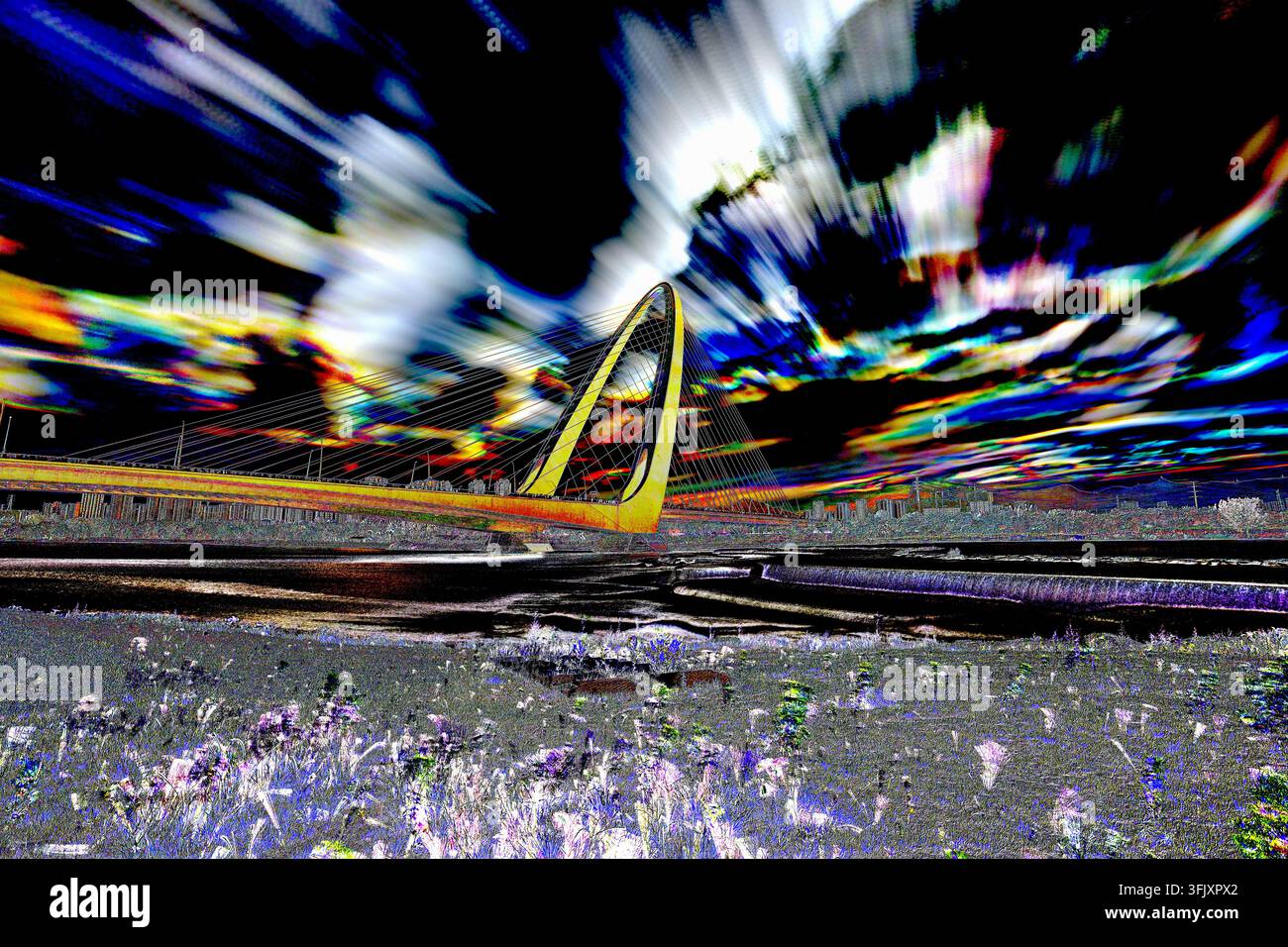 Cyberpunk-futuristisch technikinspirierte visuelle Kreativität der Shougang-Brücke Stockfoto