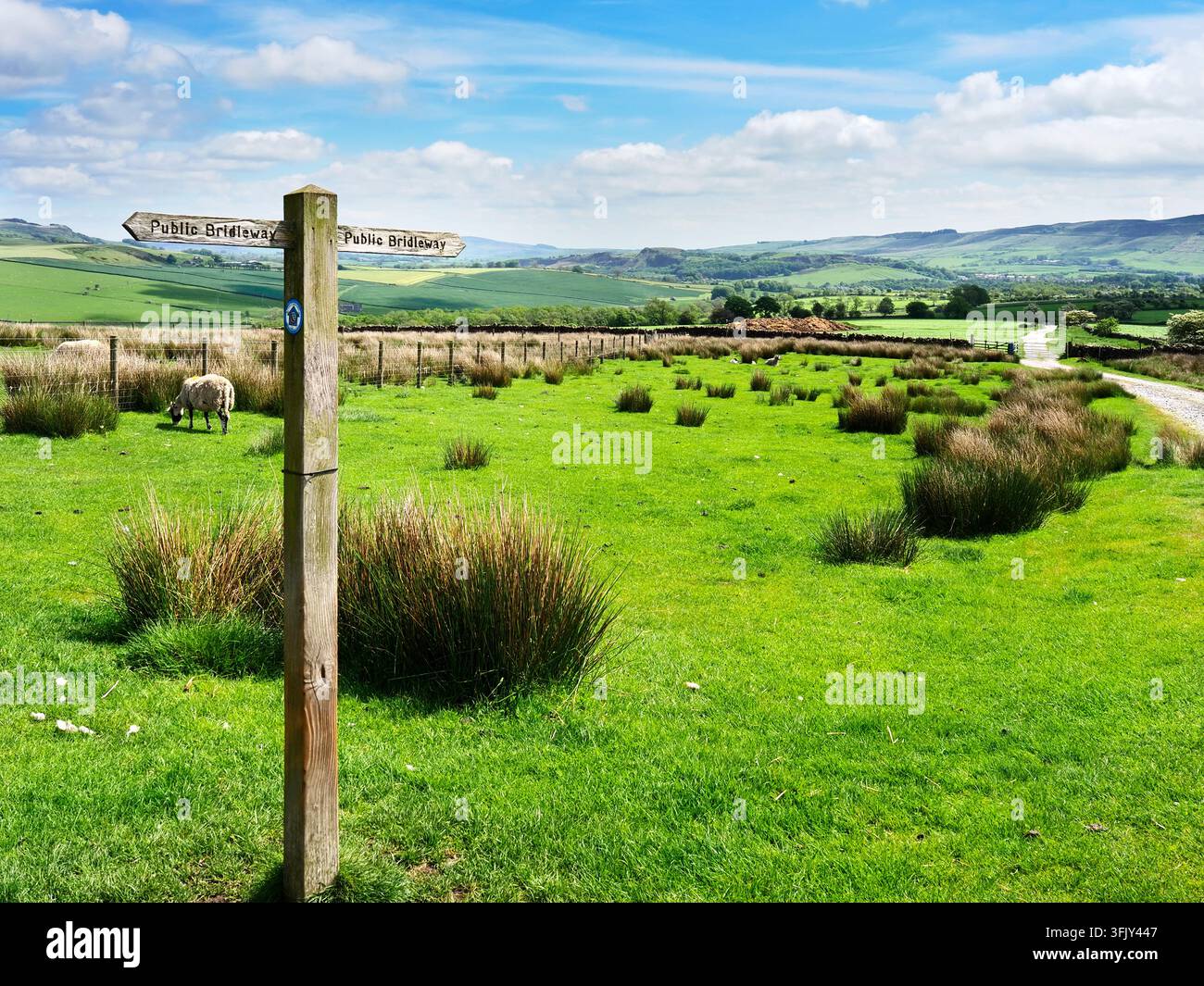 Öffentlicher Reitweg-Wegweiser auf dem Weg nach Sharp Haw in der Nähe von Skipton, North Yorkshire, England Stockfoto