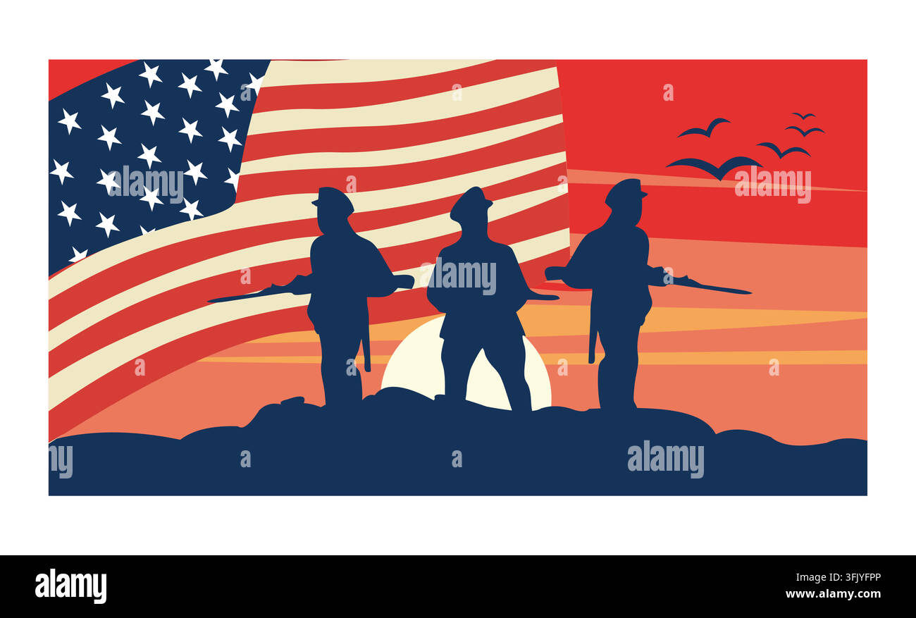 Silhouette eines Soldaten mit US-Flagge. Veterans Day, Memorial Day, Independence Day. Flache Vektorillustration. Stock Vektor