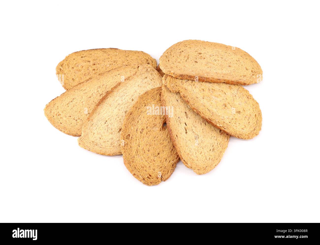 Knusprige dünne Baguette-Croûtons auf weißem Hintergrund . Stockfoto