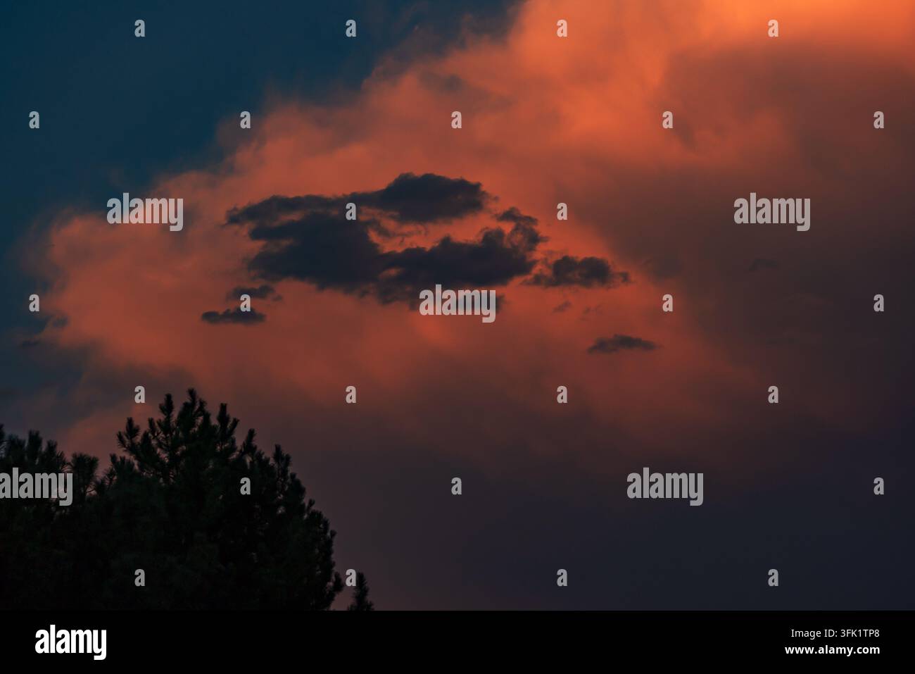 Dramatischer Sonnenuntergangshimmel mit dunklen Gewitterwolken, die lebendige orange und rote Wolken überlagern. Stockfoto