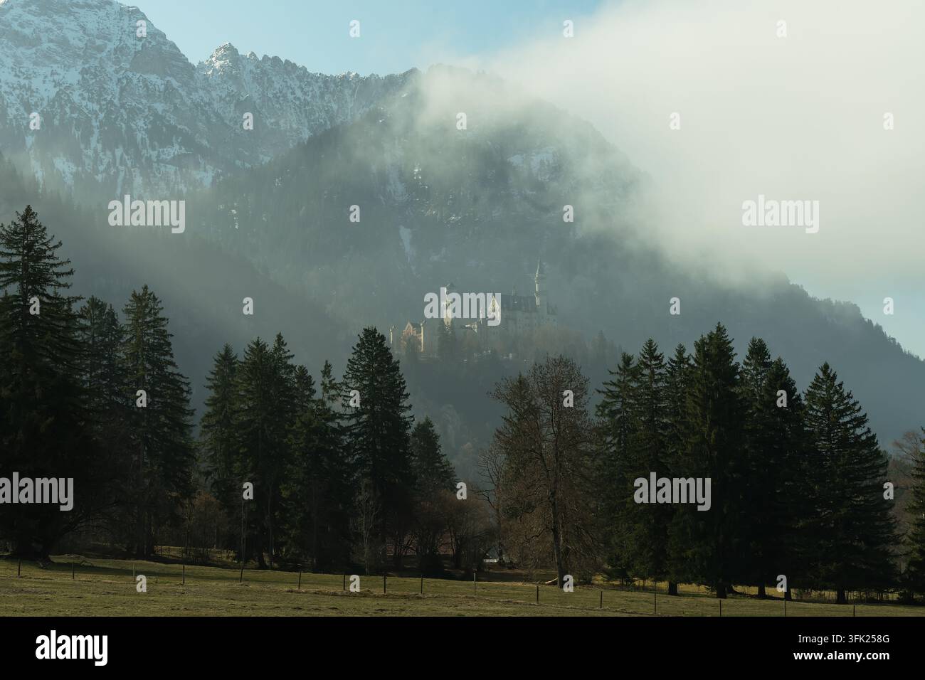 Berühmtes Schloss Neuschwanstein in nebliger bayerischer Alpenlandschaft Stockfoto