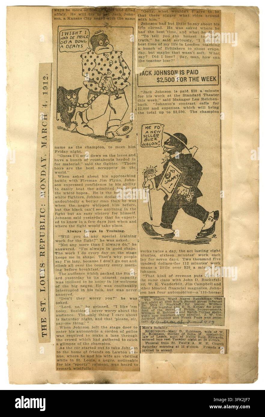 1912-Seite aus The St. Louis Republic vom Montag, 4. März 1912, mit rassistisch karikierten Illustrationen und Artikeln über den Schwergewichtschampion Jack Johnson ("Jack Johnson erhält $2.500 für die Woche") Stockfoto