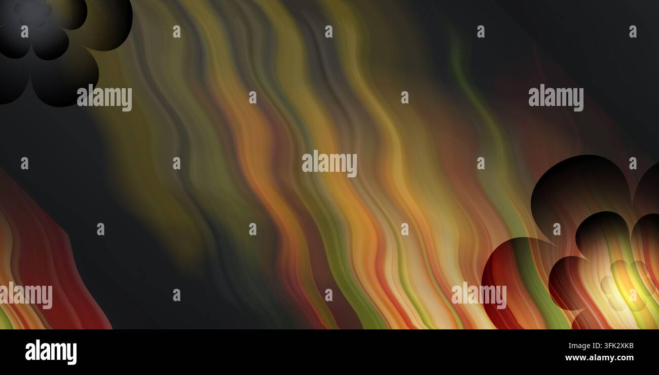 Dynamischer abstrakter Hintergrund mit farbenfrohen welligen Linien in Rot, Orange und Grün vor einem dunklen Hintergrund mit floralen Akzenten. Stockfoto