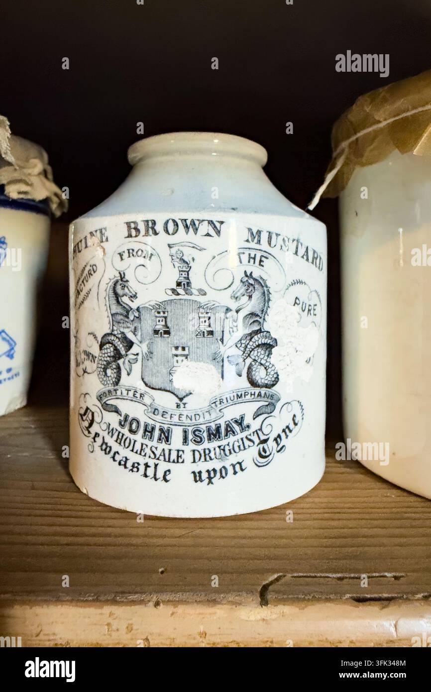Vintage glasiertes cremeweißes Keramikglas mit echter brauner Senf von John Ismay Großhandel Drogist Newcastle upon Tyne - Smartphone-aufgenommenes Stockfoto