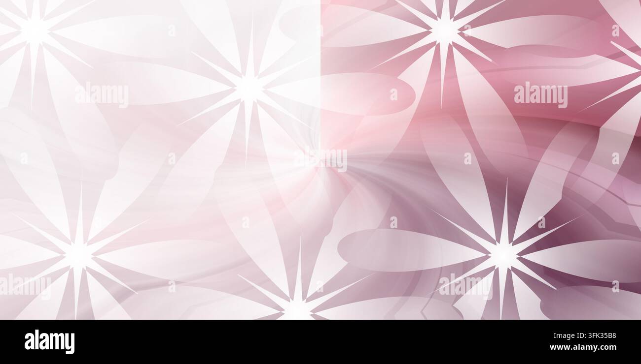 Ein abstrakter digitaler Kunsthintergrund mit stilisierten weißen Blumen- oder Sternblitzformen und einem weichen, wirbelnden rosa und weißen Lichteffekt. Stockfoto