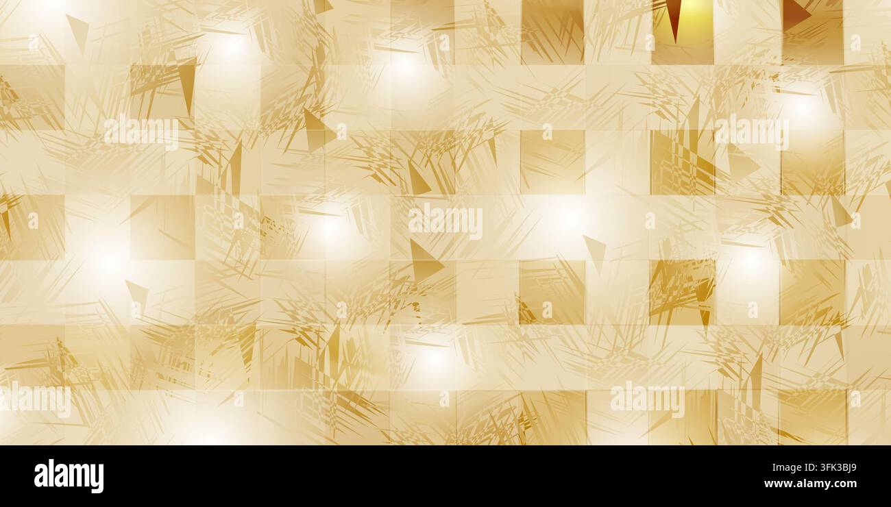 Luxuriöses goldenes karierte Musterhintergrund mit leuchtenden Highlights, abgenutzten Pinselstrichtexturen und verstreuten leichten geometrischen Formen. Stockfoto