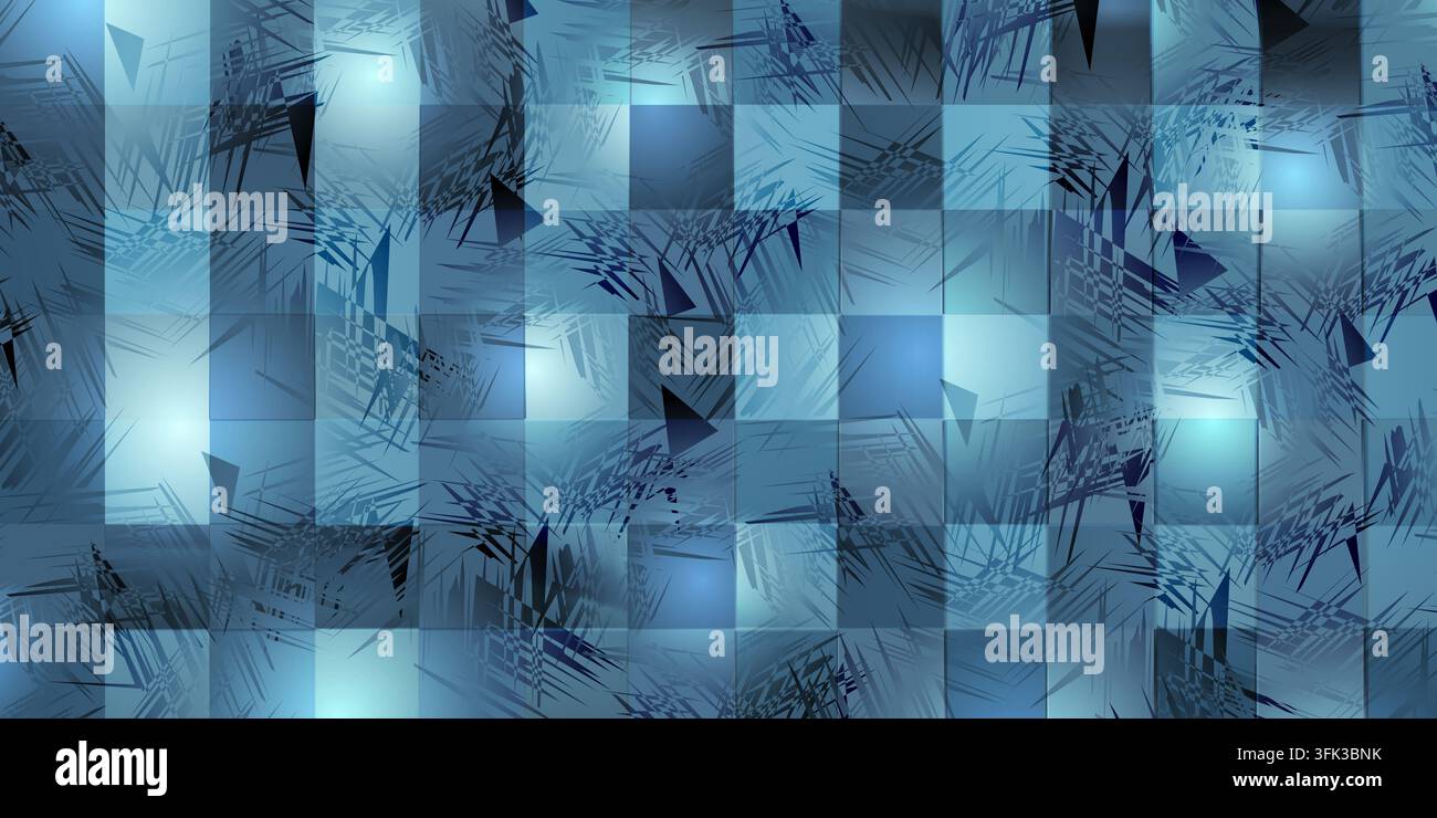 Ein abstrakter karierter Hintergrund in Blautönen mit überlagerten dunklen Grunge-Texturen und geometrischen Formen. Stockfoto