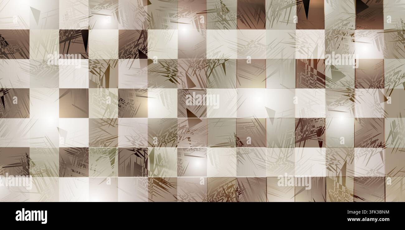 Abstrakter beiger und brauner geometrischer karierter Hintergrund mit abgenutzten Texturen, leuchtenden Lichteffekten und feinen Details. Stockfoto
