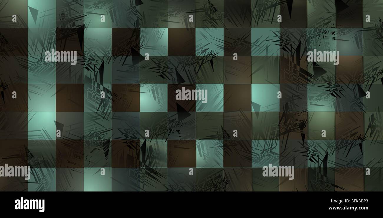 Ein abstrakter karierter Hintergrund in Grüntönen mit überlagerten Grunge-Texturen und dunklen geometrischen abstrakten Formen. Stockfoto