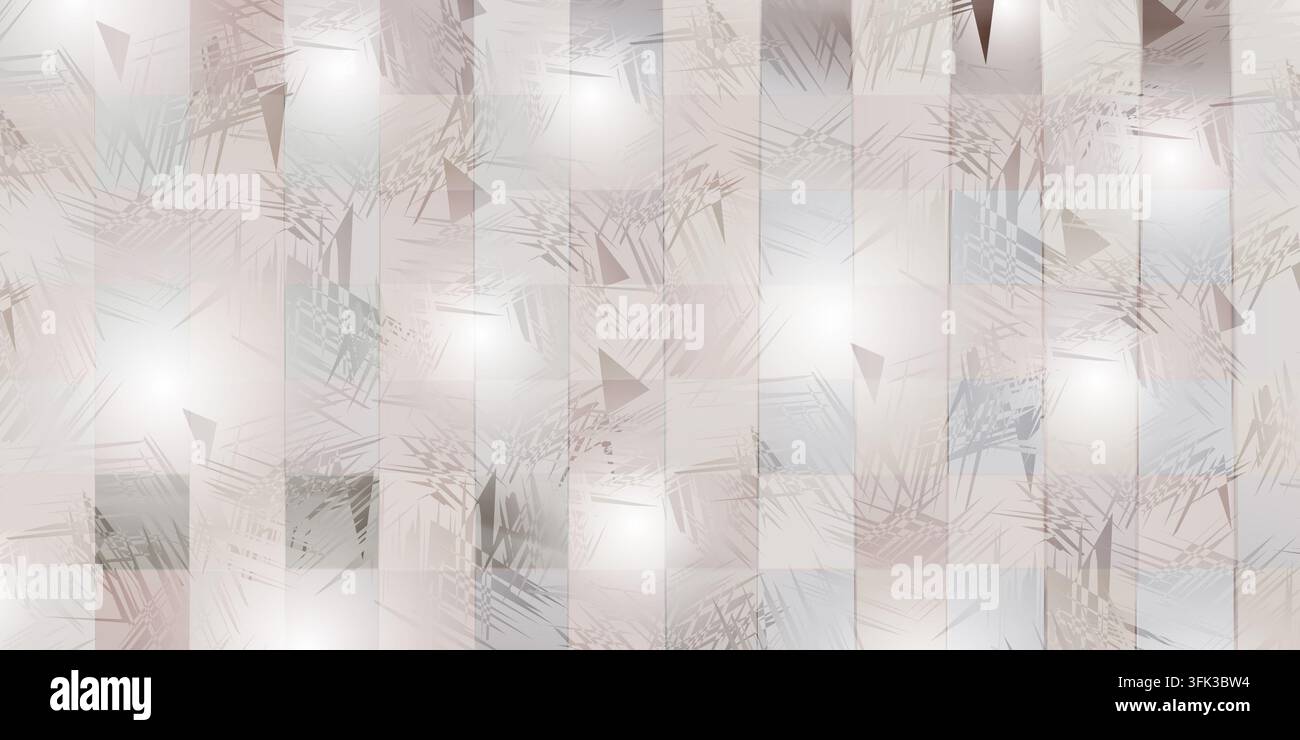 Ein abstrakter digitaler Hintergrund mit einem vertikalen gestreiften Rastermuster in Weiß- und Grautönen, überlagert mit dunkler, scharfer, chaotischer geometrischer Textur Stockfoto