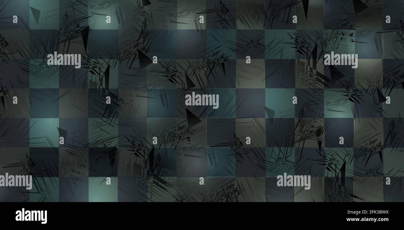 Ein moderner abstrakter Hintergrund mit einem Raster aus dunklen, blaugrünen Farbverlaufquadraten, überlagert mit scharfen, chaotischen schwarzen Pinselstrichtexturen und geometrischem Schatten Stockfoto