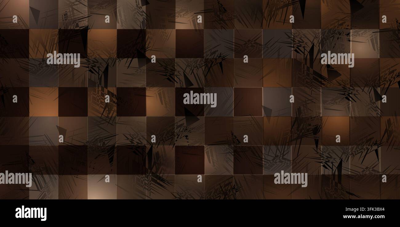 Ein moderner abstrakter Hintergrund mit einem Raster aus dunkelbraunen Farbverlaufquadraten, überlagert mit scharfen, chaotischen schwarzen Pinselstrichtexturen und geometrischen Formen Stockfoto
