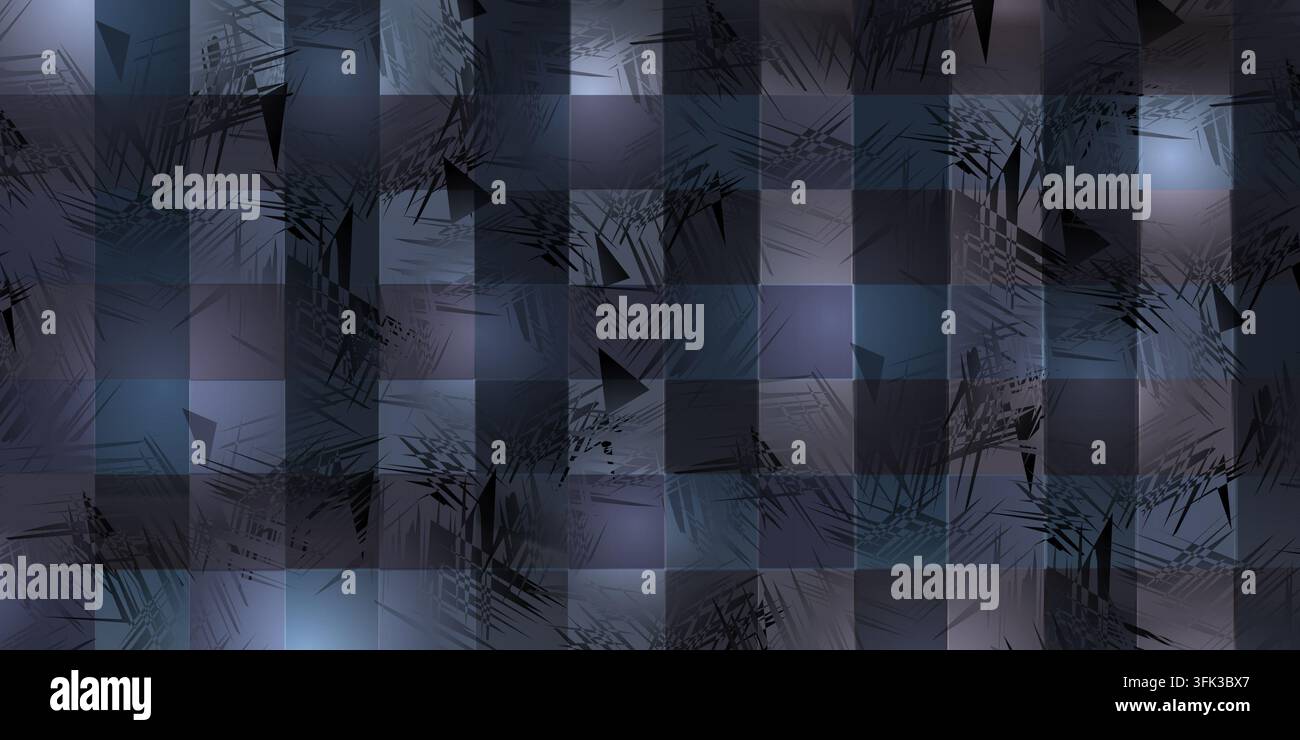 Ein moderner abstrakter Hintergrund mit einem Raster aus dunkelblauen Farbverlaufsfeldern, überlagert mit scharfen, chaotischen schwarzen Pinselstrichtexturen und geometrischem Schatten Stockfoto