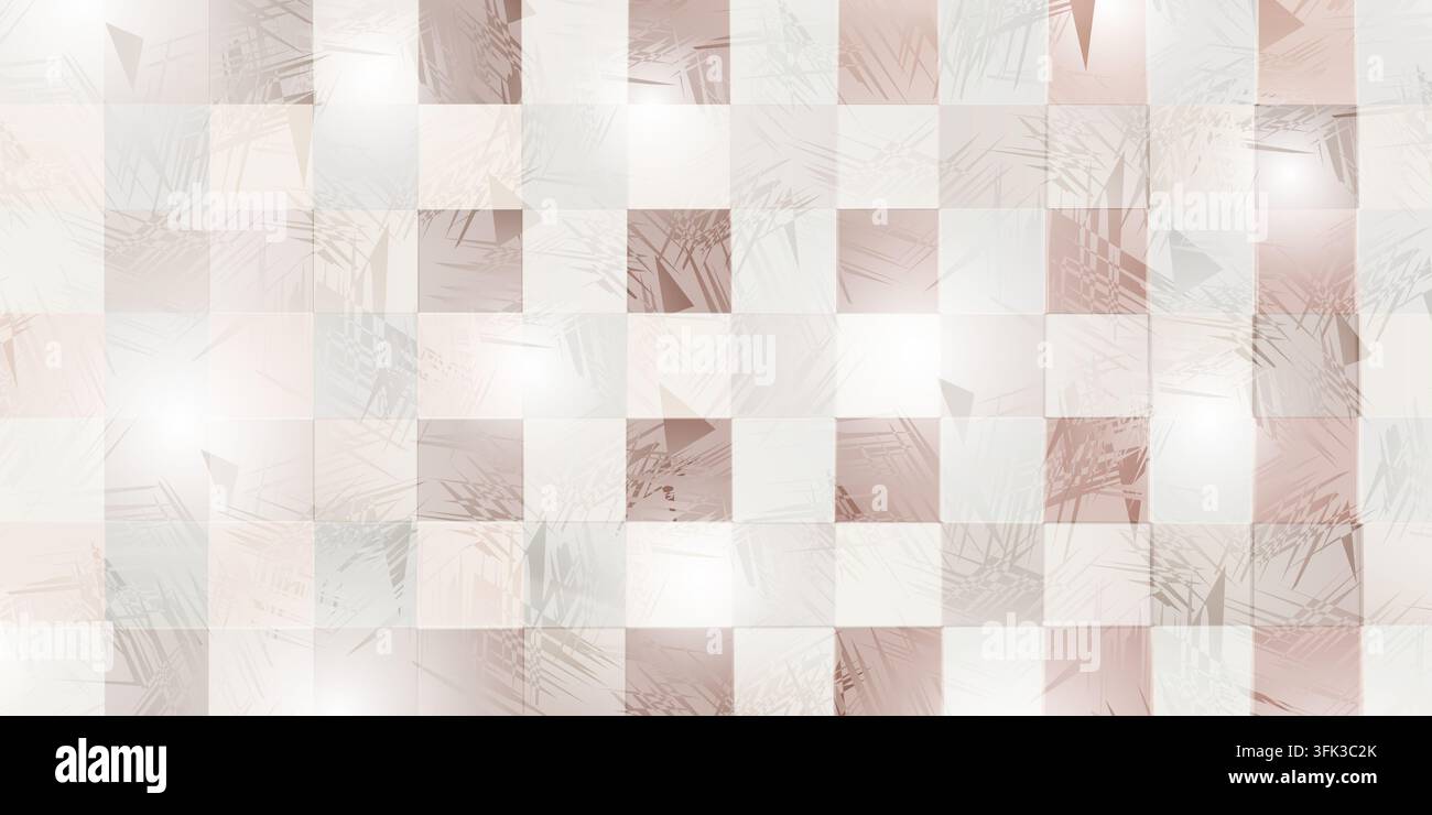 Ein weiches hellbeiges Karomuster mit einem dynamischen, abstrakten Grunge-Überlagerungseffekt mit scharfen geometrischen Formen und subtilen Lichteffekten. Stockfoto