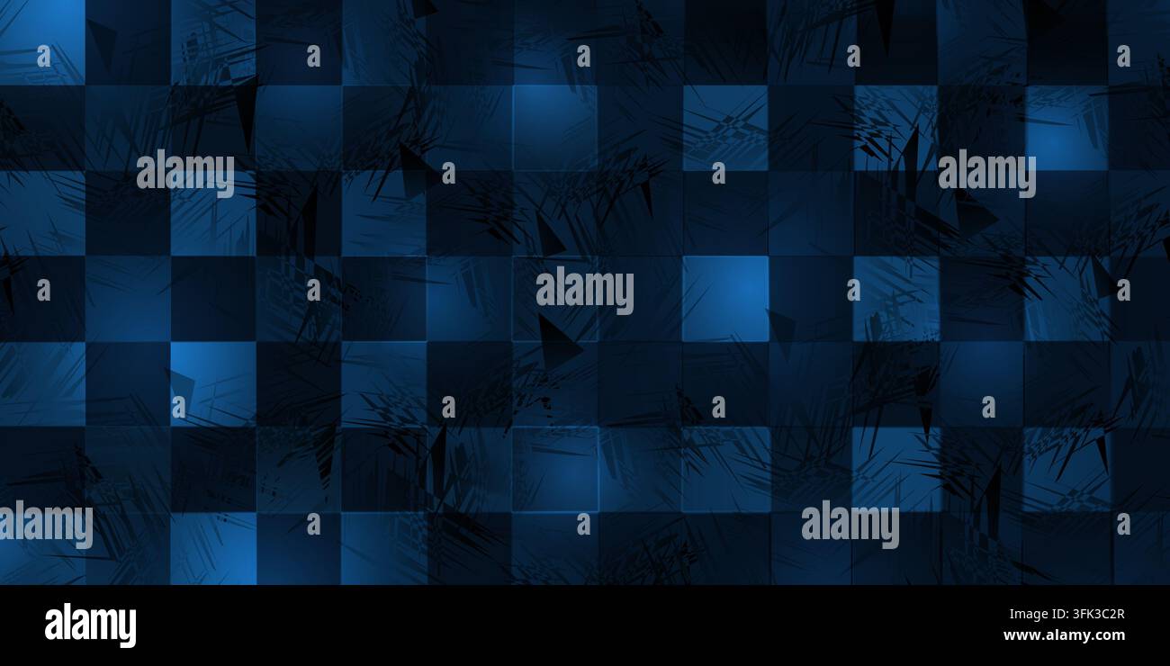 Ein abstrakter digitaler Hintergrund mit einem Raster aus tiefblauen und schwarzen Quadraten, überlagert mit dunklen, scharfen, chaotischen geometrischen Formen und Texturen. Stockfoto