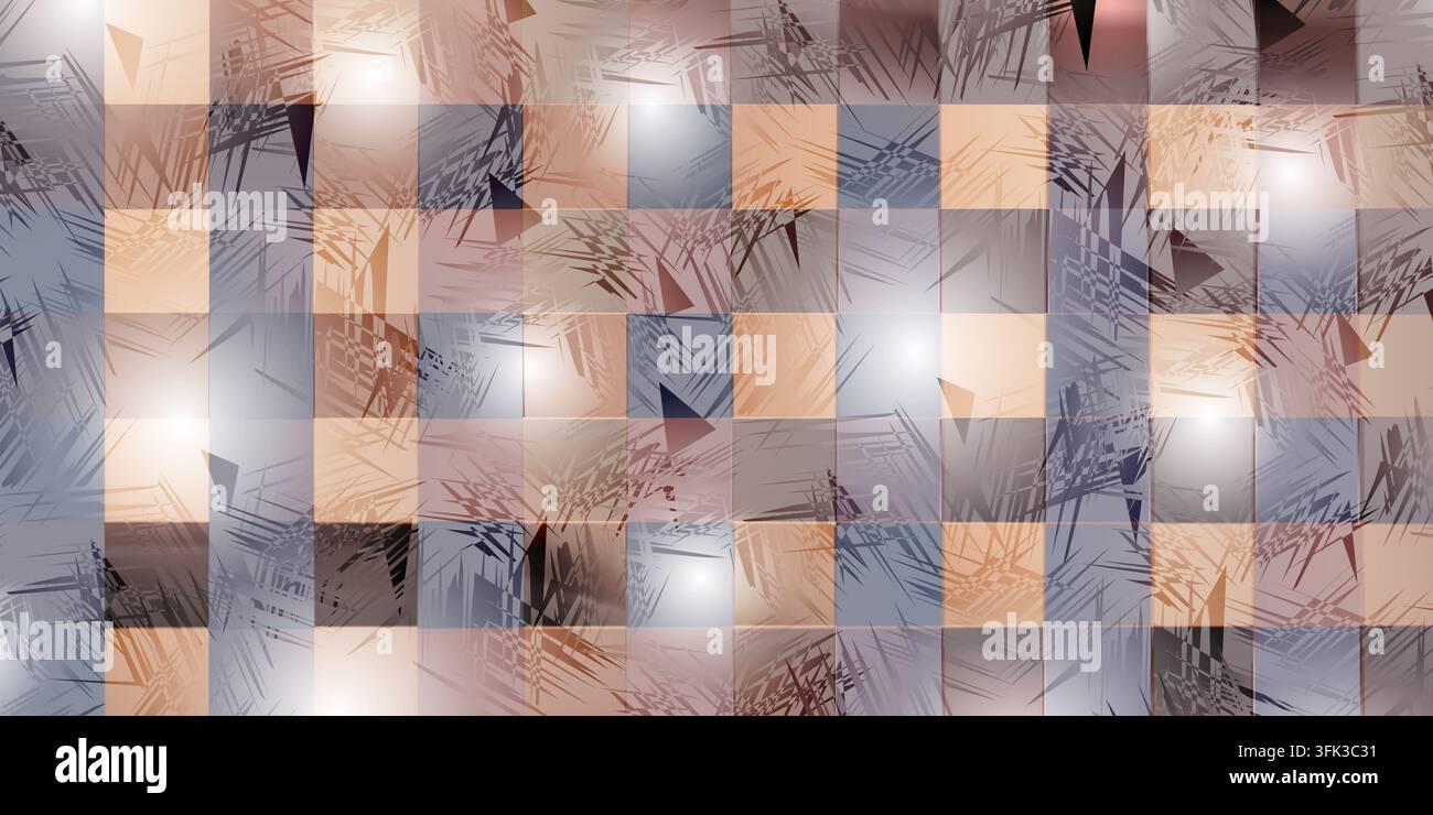 Ein abstrakter digitaler Hintergrund mit einem Raster aus hellblauen und beigen Quadraten, überlagert mit dunklen, scharfen, chaotischen geometrischen Formen und Texturen. Stockfoto