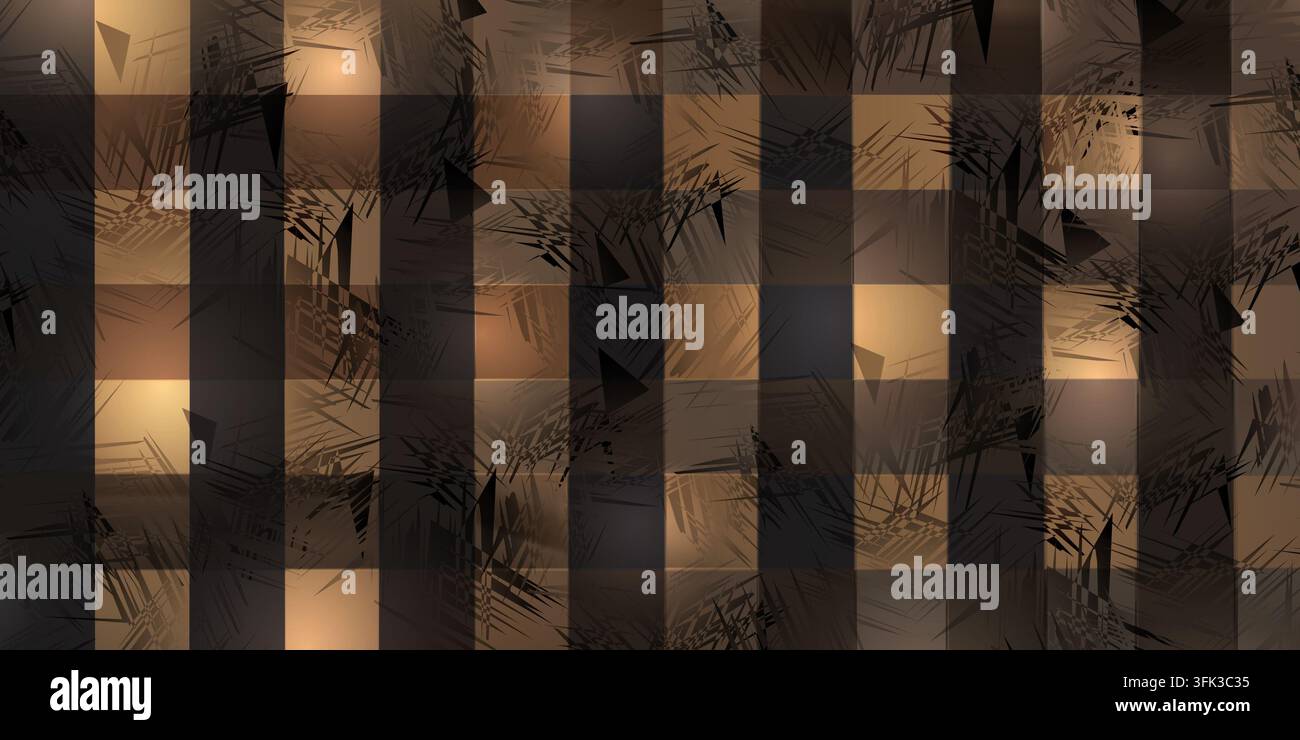 Ein abstrakter digitaler Hintergrund mit einem Raster aus dunkelbraunen und goldenen Quadraten, überlagert mit dunklen, scharfen, chaotischen geometrischen Formen und Texturen. Stockfoto