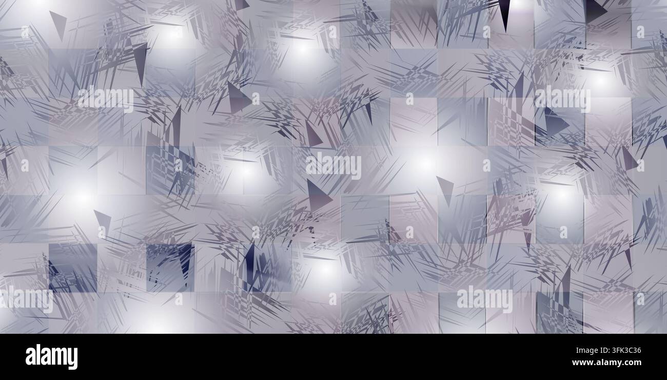 Ein raffiniertes grau-blauer Hintergrund mit einem quadratischen Rastermuster, verfeinert durch leuchtende Lichtpunkte und scharfe, fragmentierte schwarze geometrische Formen. Stockfoto