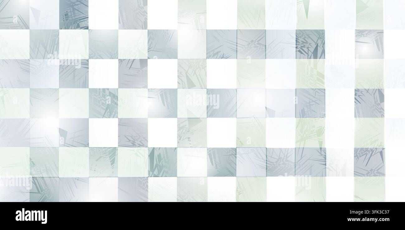 Ein abstraktes kariertes Muster aus Fliesen mit einer abgenutzten grau-weißen Textur, versehen mit subtilen leuchtenden Lichteffekten und schwachen geometrischen D Stockfoto