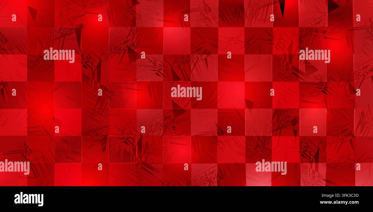 Ein lebendiges rotes Karomuster mit einer dynamischen, abstrakten Grunge-Überlagerung aus scharfen geometrischen Formen und subtilen Lichteffekten. Stockfoto