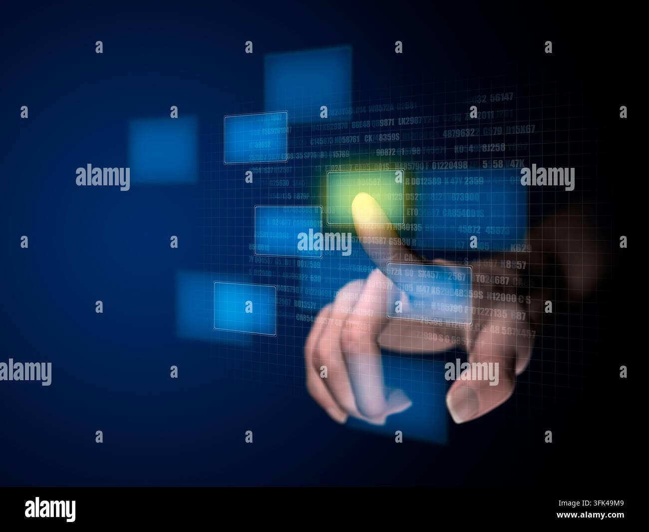 Eine Fingerspitze streckt sich zu einem leuchtenden blauen Digitaldisplay Stockfoto