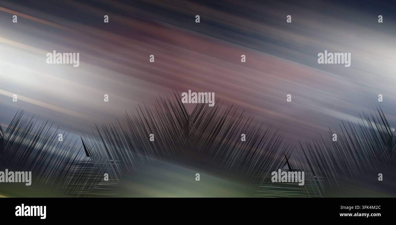 Ein kreatives abstraktes Design mit dunklen, texturierten Formationen, die sich von glatten diagonalen Bändern in gedämpften Tönen abheben. Stockfoto