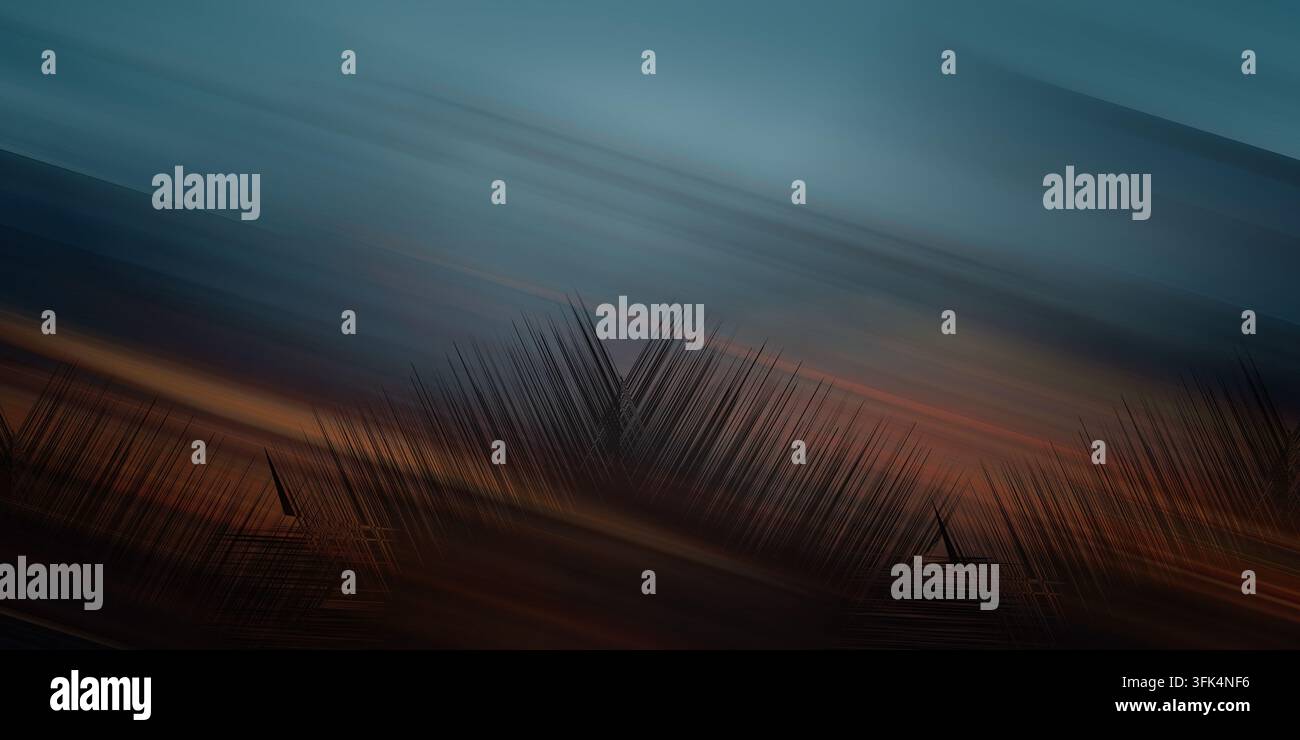 Ein abstraktes minimalistisches digitales Kunstwerk mit dunkelblauen Tönen und bronzefarbenen Akzenten, das von der Natur inspirierte Elemente und Bewegungsunschärfe-Effekte aufweist. Stockfoto