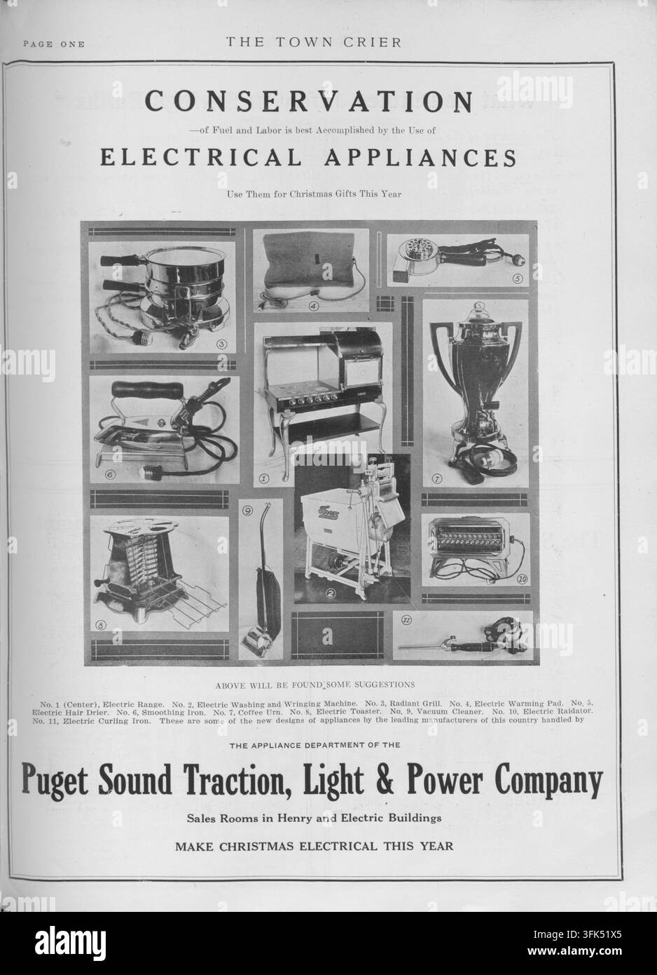 Druckwerbeanzeige von 1919 aus The Town Crier wirbt für elektrische Geräte zur Energieeinsparung und als Weihnachtsgeschenke, verteilt von der Puget Sound Traction, Light & Power Company in Seattle. Stockfoto