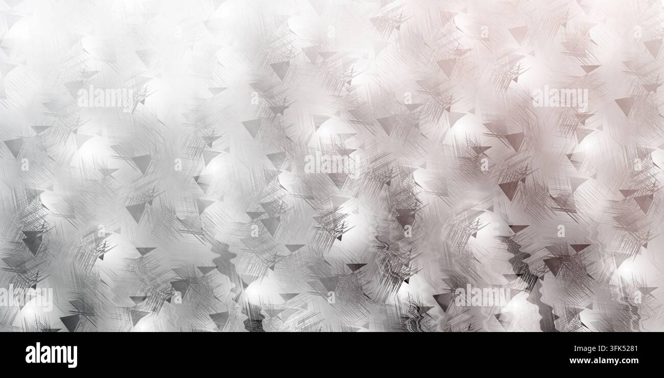 Ein graues abstraktes Hintergrundmotiv mit einem weichen Farbverlauf, kunstvollen Pinselstrichtexturen und verstreuten geometrischen Dreieckelementen im gesamten Co Stockfoto