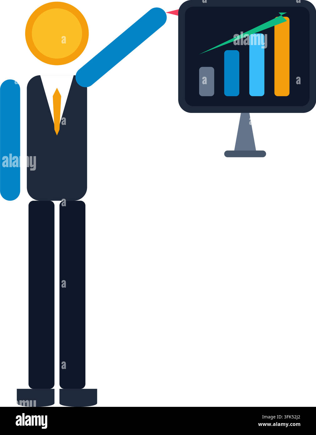 Flache Vektorillustration eines Geschäftsmannes, der auf ein steigendes Balkendiagramm auf einem Monitorbildschirm zeigt Stock Vektor