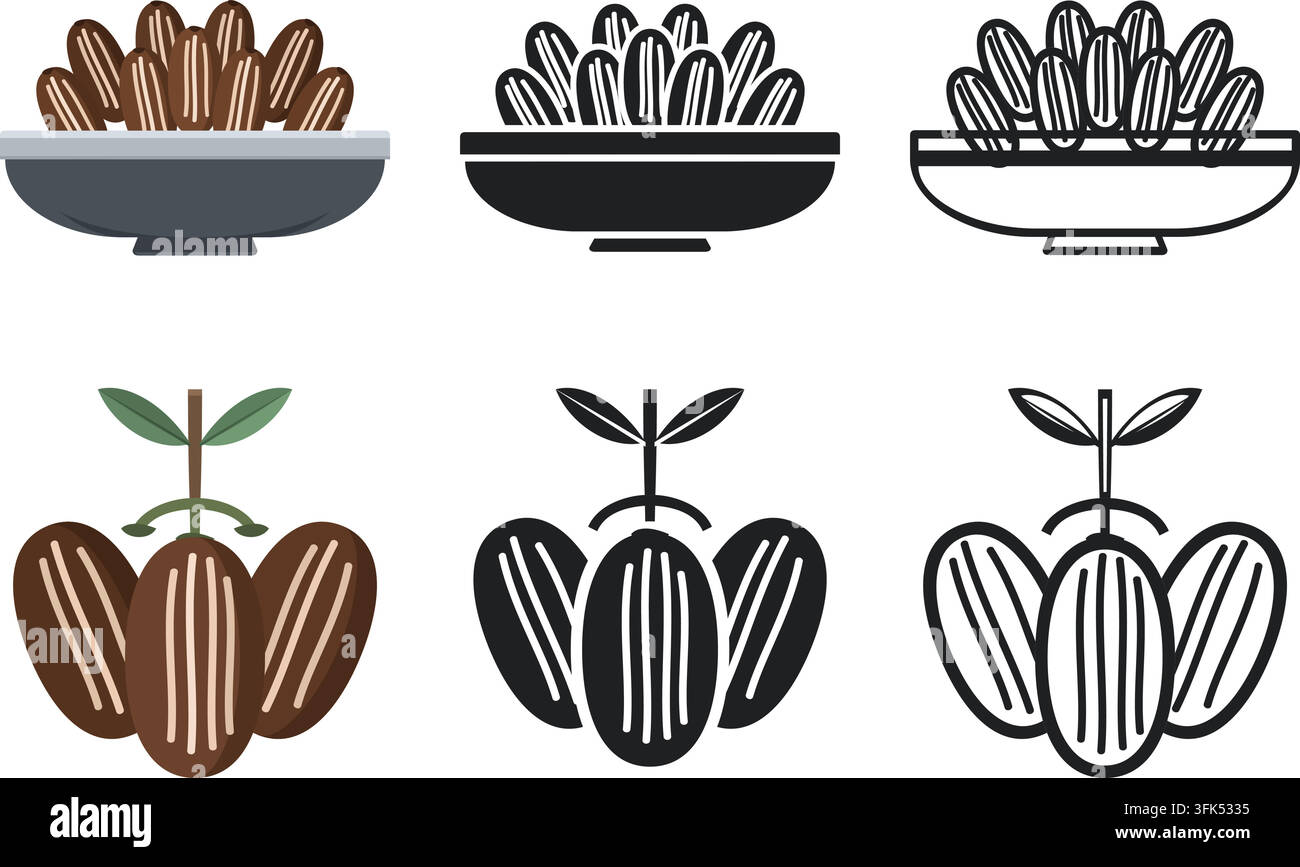 Vektor-Symbolset von Kakaoschoten und Schüssel, flaches Design, Linienkunst und Silhouettenstile, isoliert auf weißem Hintergrund Stock Vektor